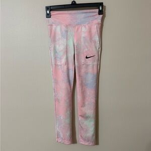 Size S-Nike Leggings Girls Pink Tie-Dye Tight Fit Ankle Pockets Dri Fit Smooth